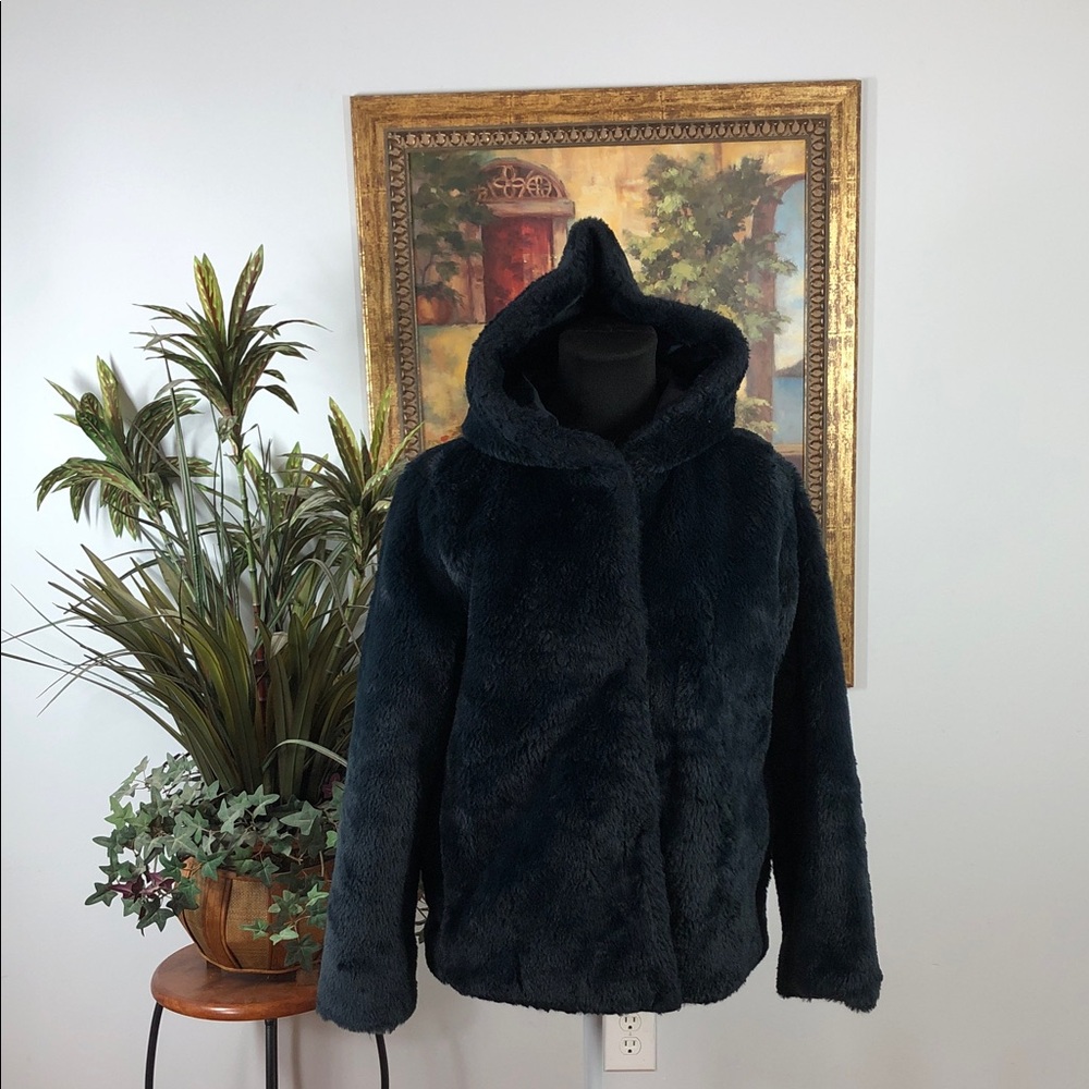 Pink Platinum Women's Teddy Jacket Black Hooded Pockets Side Snaps Closure Lined